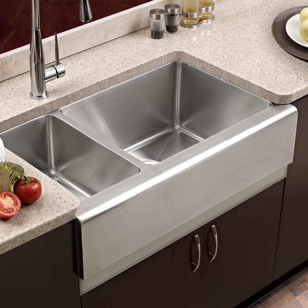 Houzer Epicure Series Apron Front Farmhouse Stainless Steel 70/30 Double Bowl Kitchen Sink, Small bowl left Kitchen Sink - Apron Front Houzer 