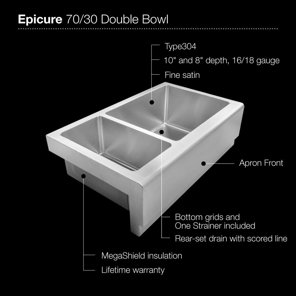 Houzer Epicure Series Apron Front Farmhouse Stainless Steel 70/30 Double Bowl Kitchen Sink, Small bowl left Kitchen Sink - Apron Front Houzer 