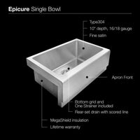 Thumbnail for Houzer Epicure Series Apron Front Farmhouse Stainless Steel Single Bowl Kitchen Sink Kitchen Sink - Apron Front Houzer 