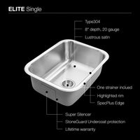 Thumbnail for Houzer Elite Series Undermount Stainless Steel Single Bowl Kitchen Sink Kitchen Sink - Undermount Houzer 