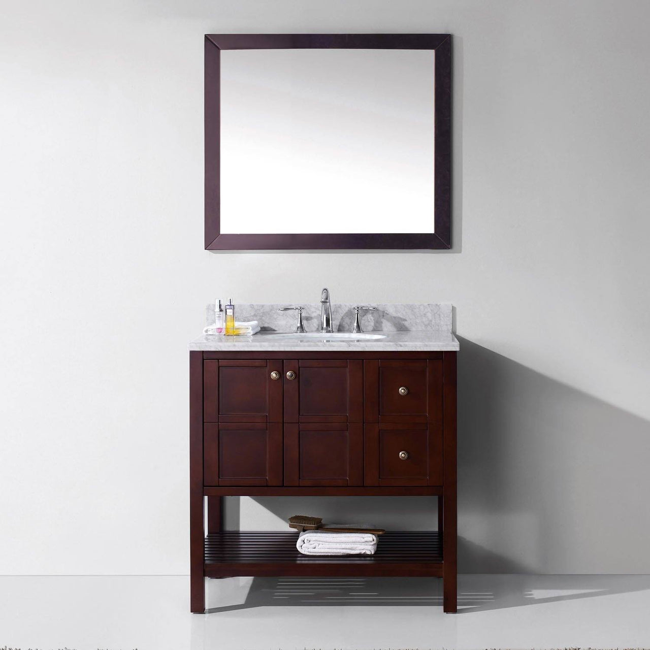 Virtu USA Winterfell 36" Single Round Sink Cherry Top Vanity in Cherry with Mirror Vanity Virtu USA 