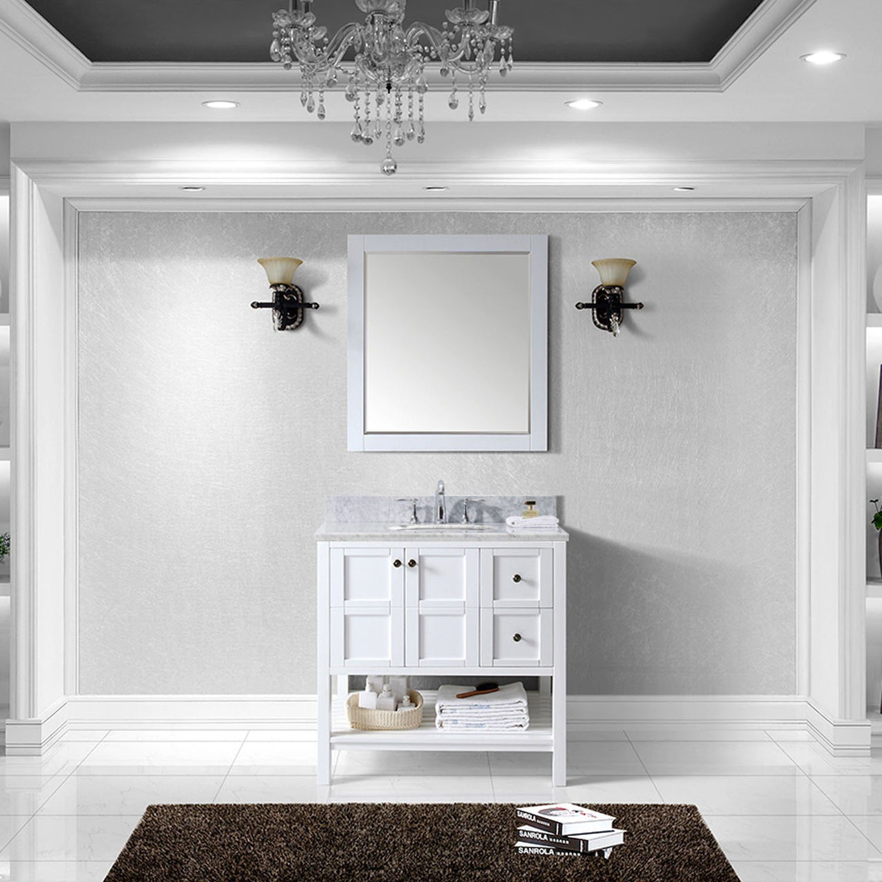 Virtu USA Winterfell 36" Single Round Sink White Top Vanity in White with Mirror Vanity Virtu USA 