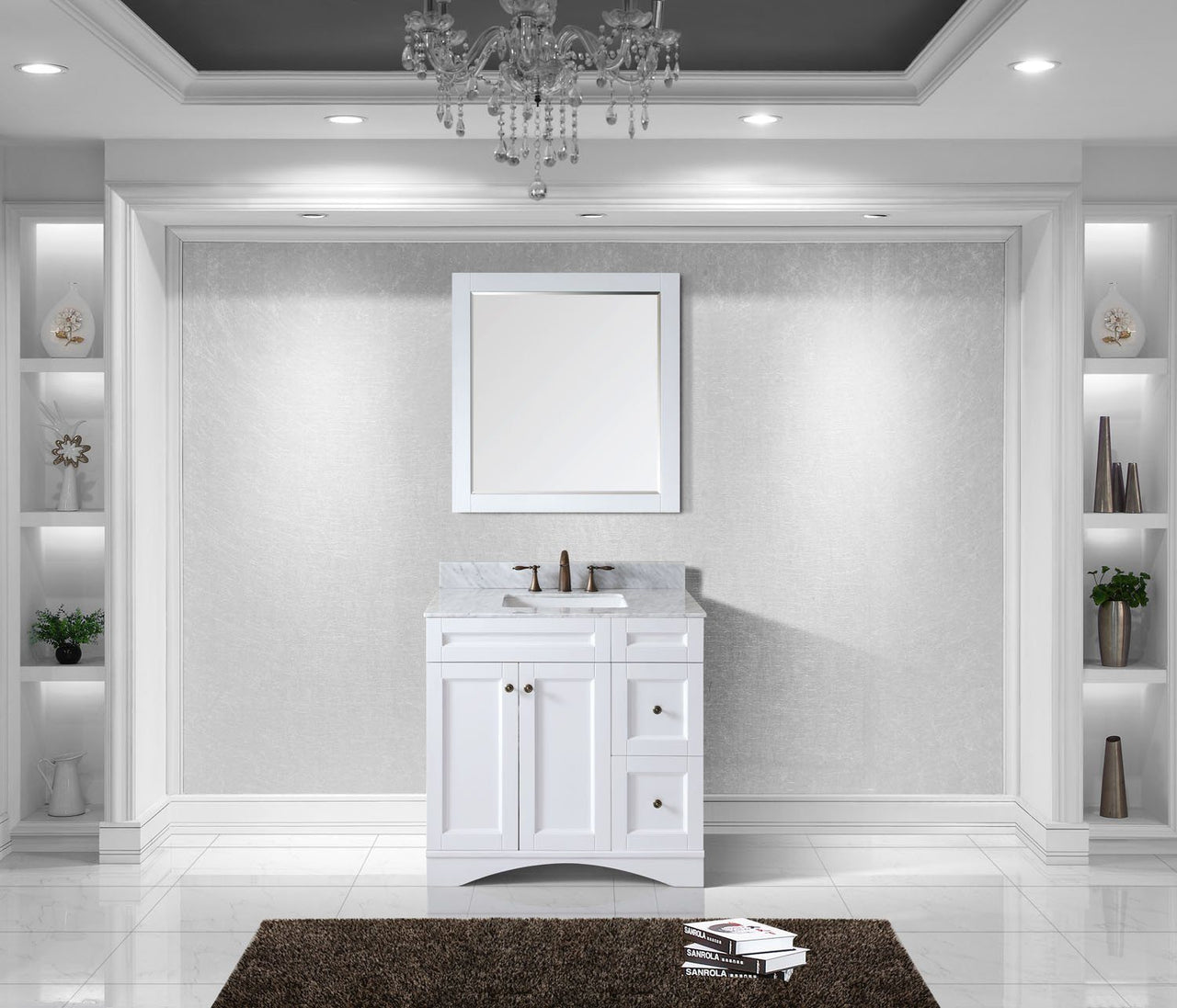 Virtu USA Elise 36" Single Square Sink White Top Vanity in White with Mirror Vanity Virtu USA 