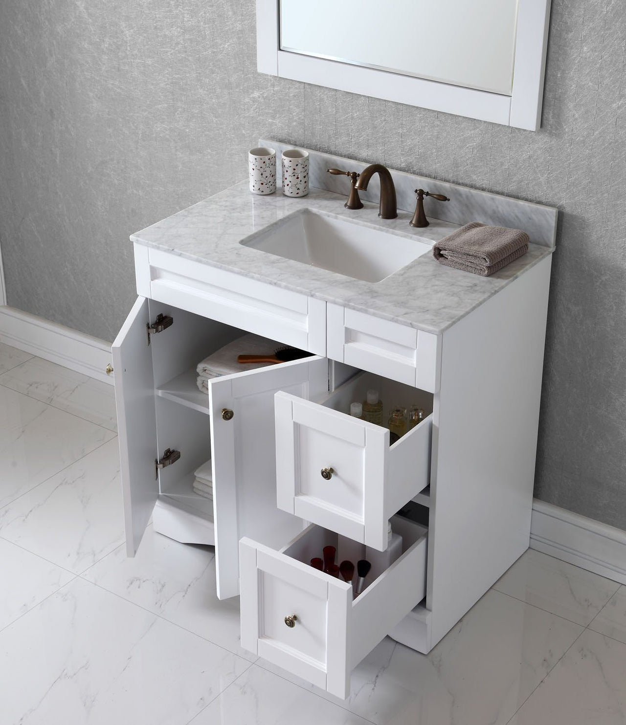 Virtu USA Elise 36" Single Square Sink White Top Vanity in White with Mirror Vanity Virtu USA 