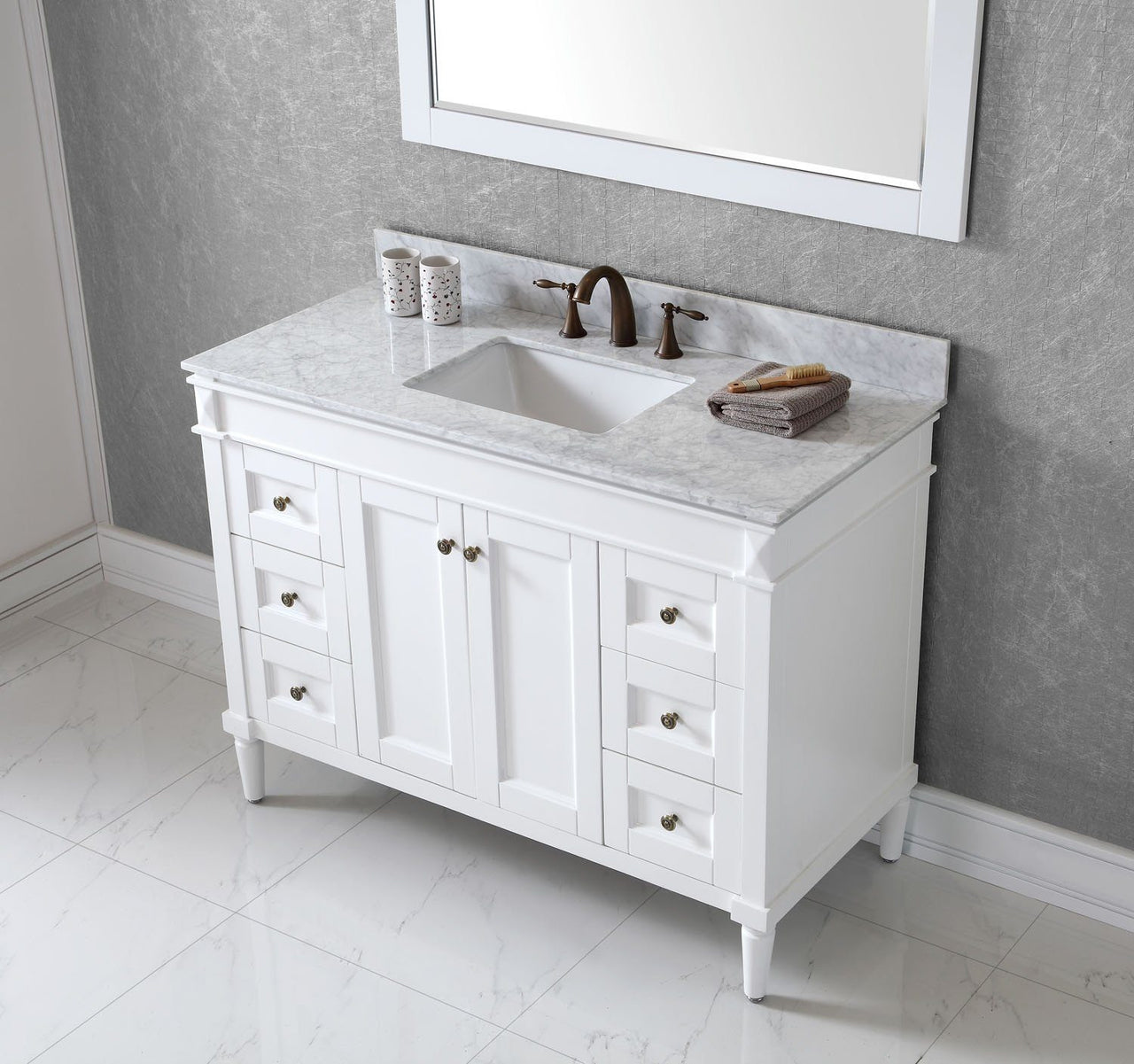 Virtu USA Tiffany 48" Single Square Sink White Top Vanity in White with Mirror Vanity Virtu USA 