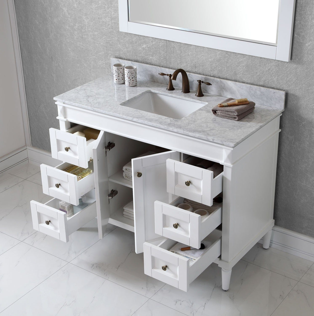 Virtu USA Tiffany 48" Single Square Sink White Top Vanity in White with Mirror Vanity Virtu USA 