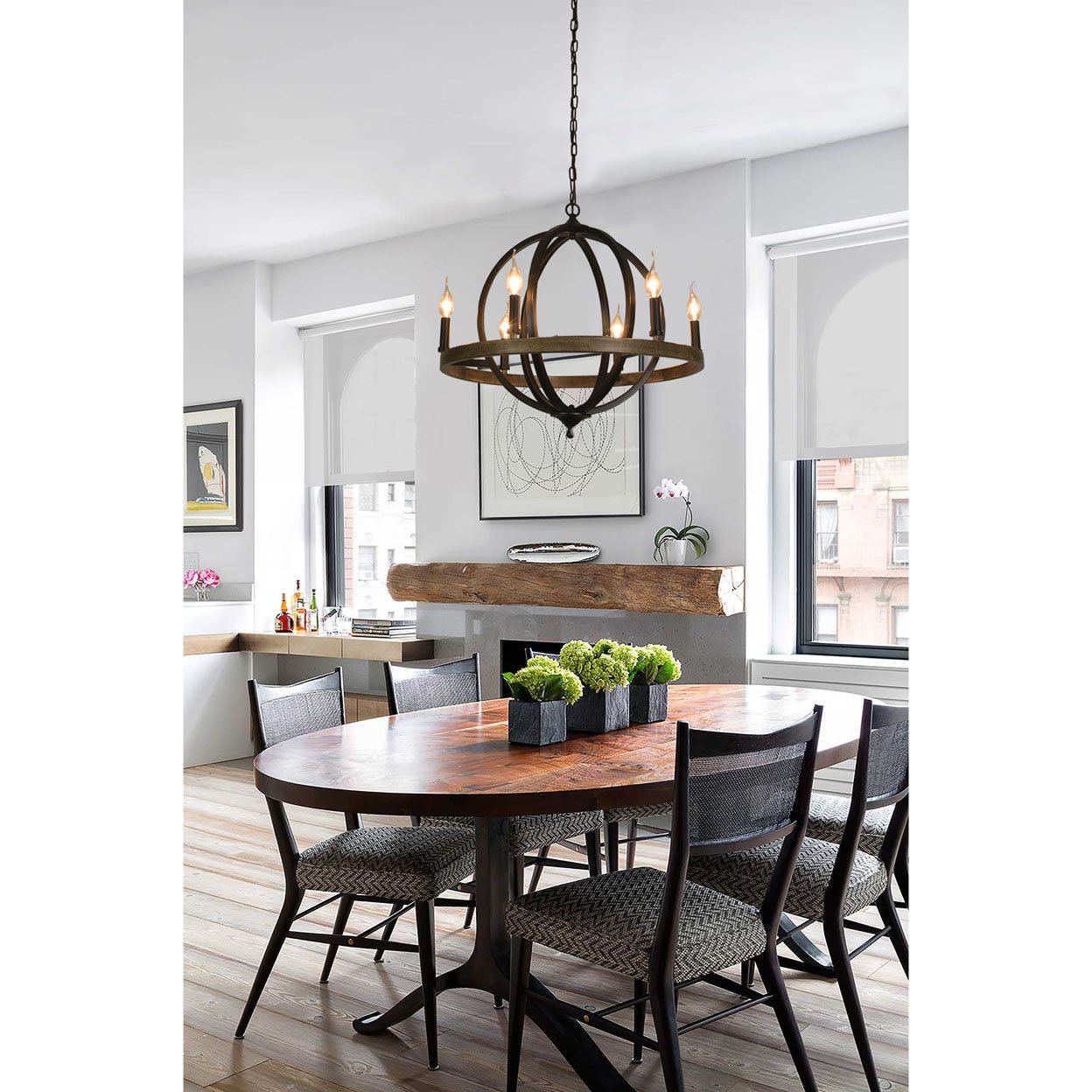 Connes 6 Light Chandelier Globe (Matte Black) Round, Steel Sphere with Wood Patterned Decorative Circle | Dining Room, Foyer, or Entryway Home Decor Chandeliers Canyon Home 