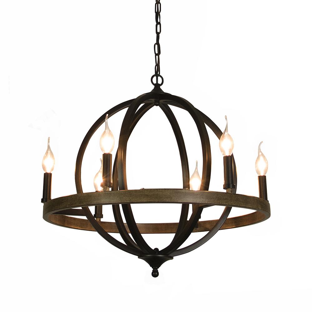 Connes 6 Light Chandelier Globe (Matte Black) Round, Steel Sphere with Wood Patterned Decorative Circle | Dining Room, Foyer, or Entryway Home Decor Chandeliers Canyon Home 