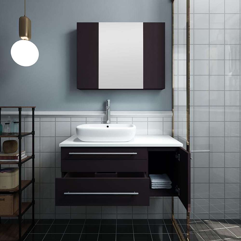 Fresca Lucera 36" Wall Hung Vessel Sink Modern Bathroom Vanity w/ Medicine Cabinet - Right Version Vanity Fresca 