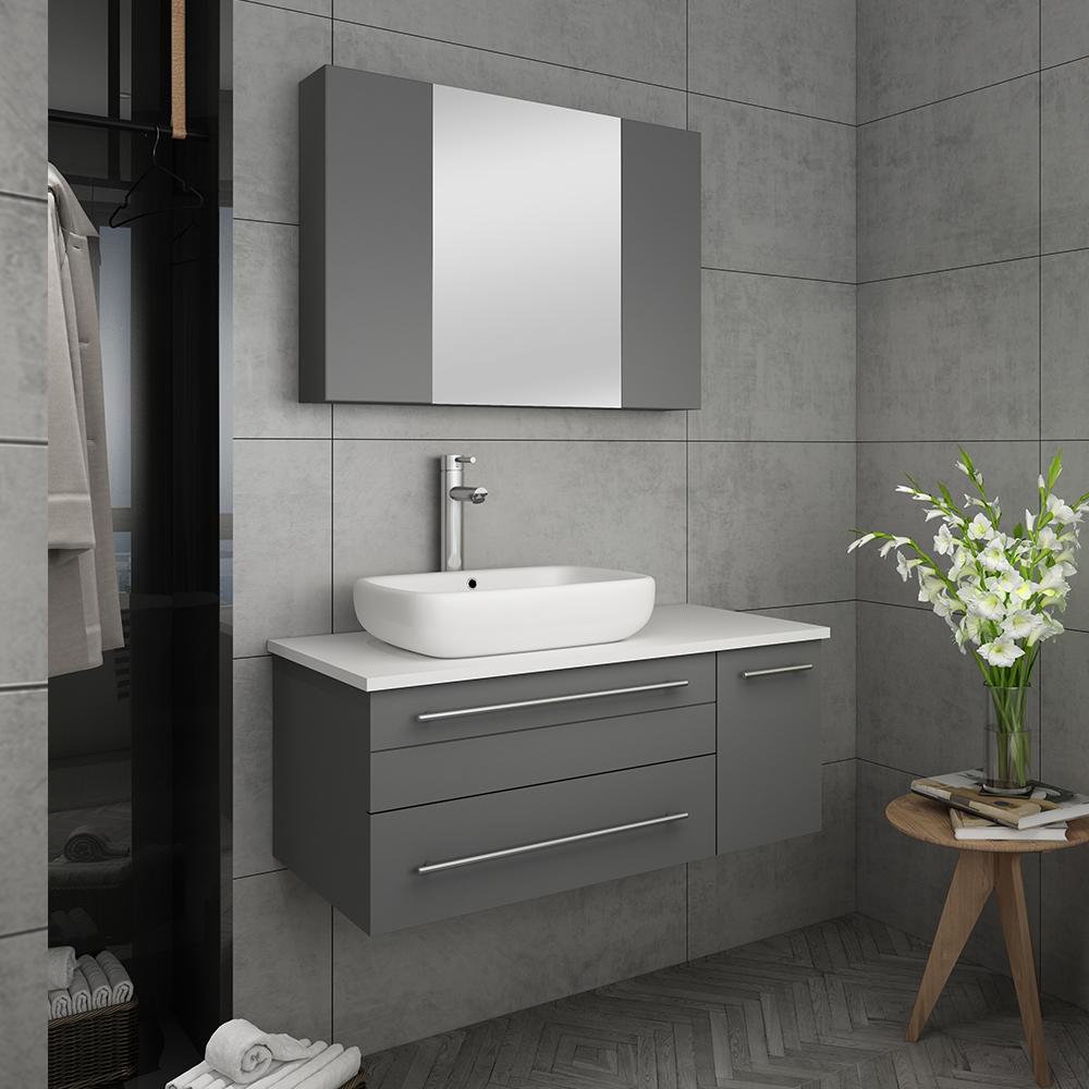 Fresca Lucera 36" Wall Hung Vessel Sink Modern Bathroom Vanity w/ Medicine Cabinet - Right Version Vanity Fresca 