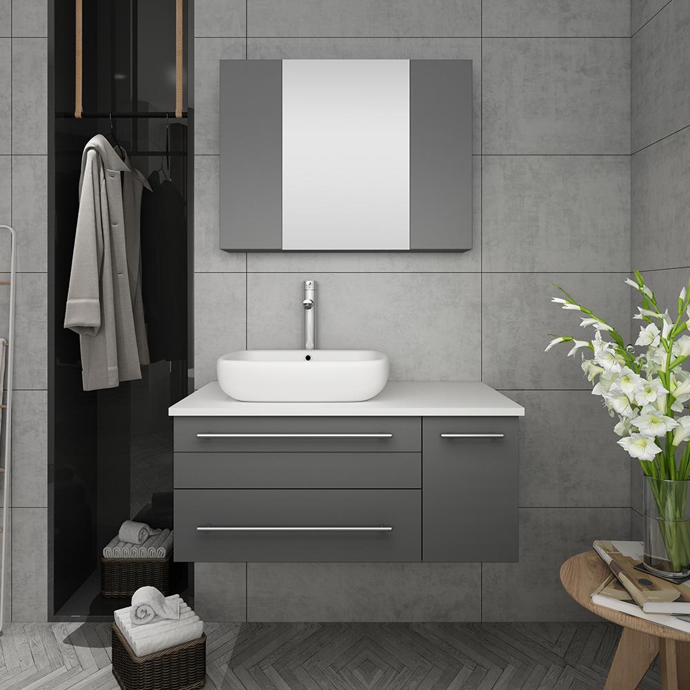 Fresca Lucera 36" Wall Hung Vessel Sink Modern Bathroom Vanity w/ Medicine Cabinet - Right Version Vanity Fresca 