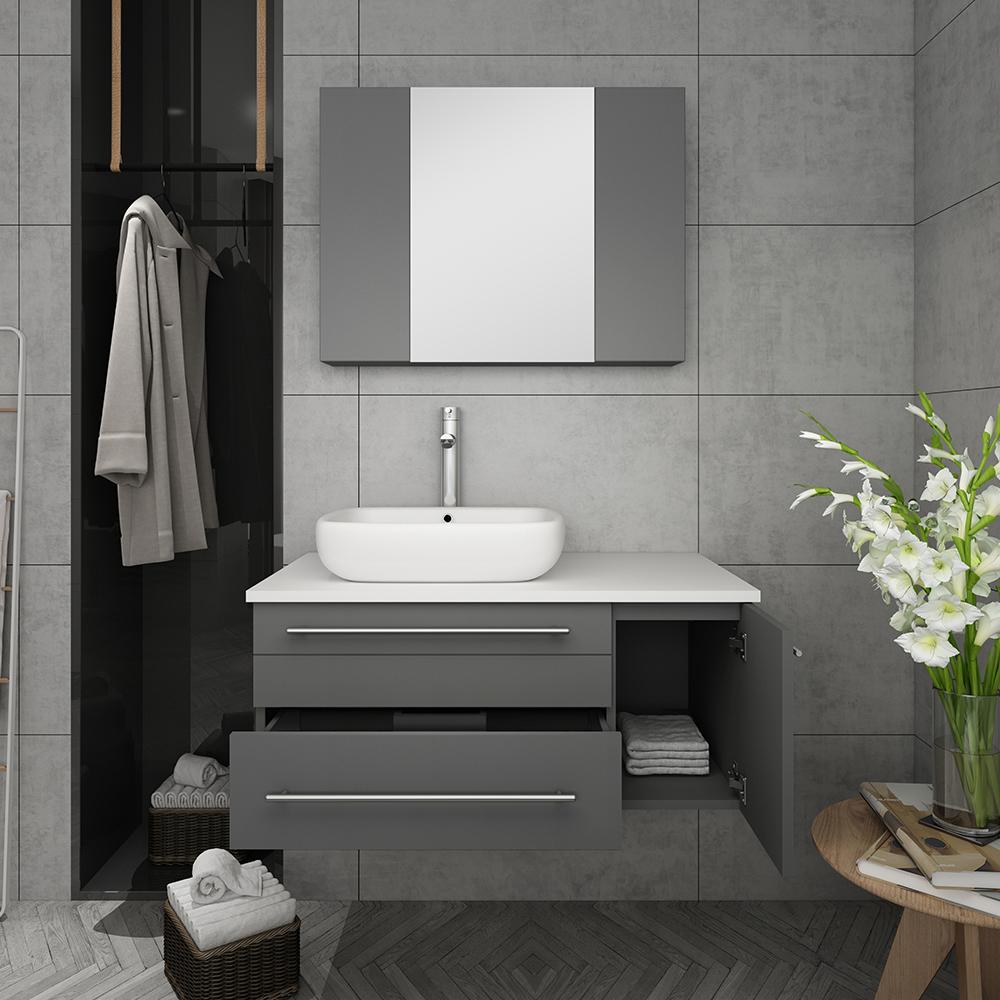 Fresca Lucera 36" Wall Hung Vessel Sink Modern Bathroom Vanity w/ Medicine Cabinet - Right Version Vanity Fresca 