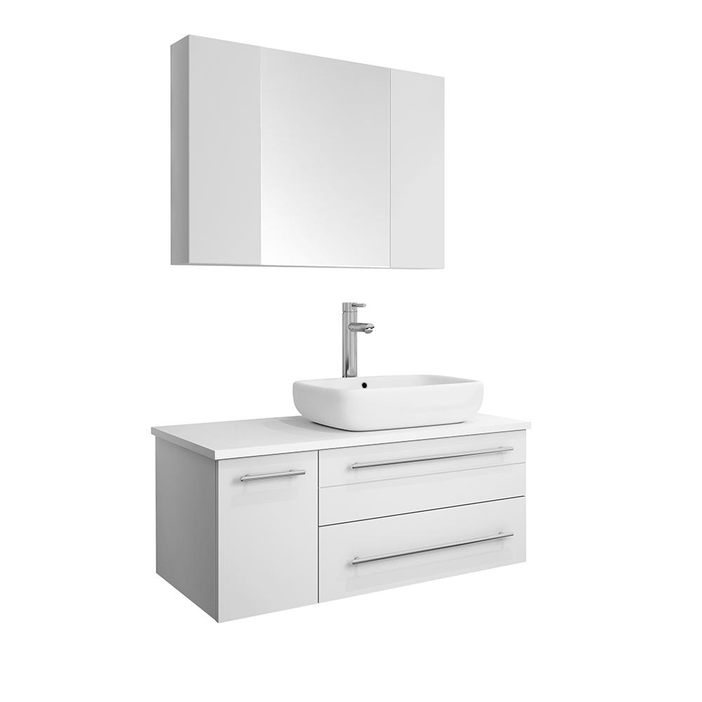 Fresca Lucera 36" Wall Hung Vessel Sink Modern Bathroom Vanity w/ Medicine Cabinet - Left Version Vanity Fresca White 
