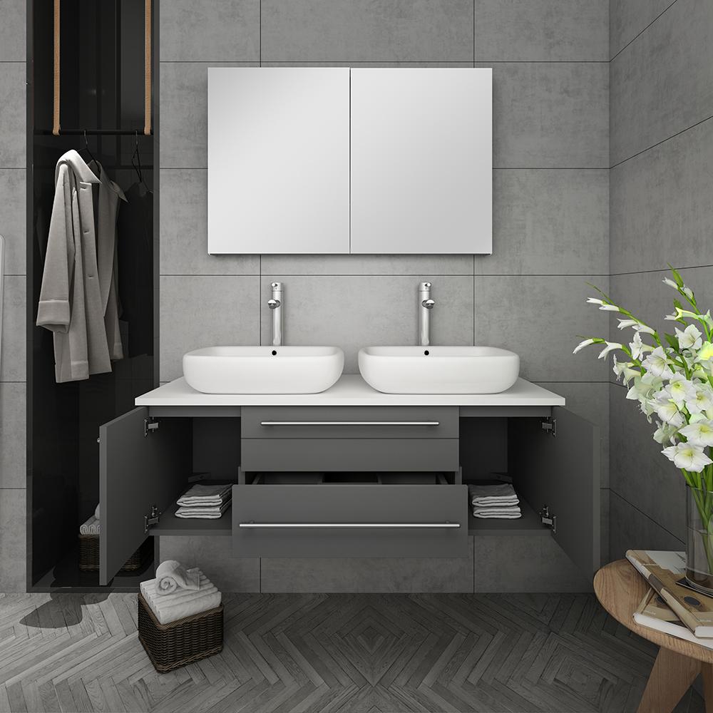 Fresca Lucera 48" Wall Hung Double Vessel Sink Modern Bathroom Vanity w/ Medicine Cabinet Vanity Fresca 