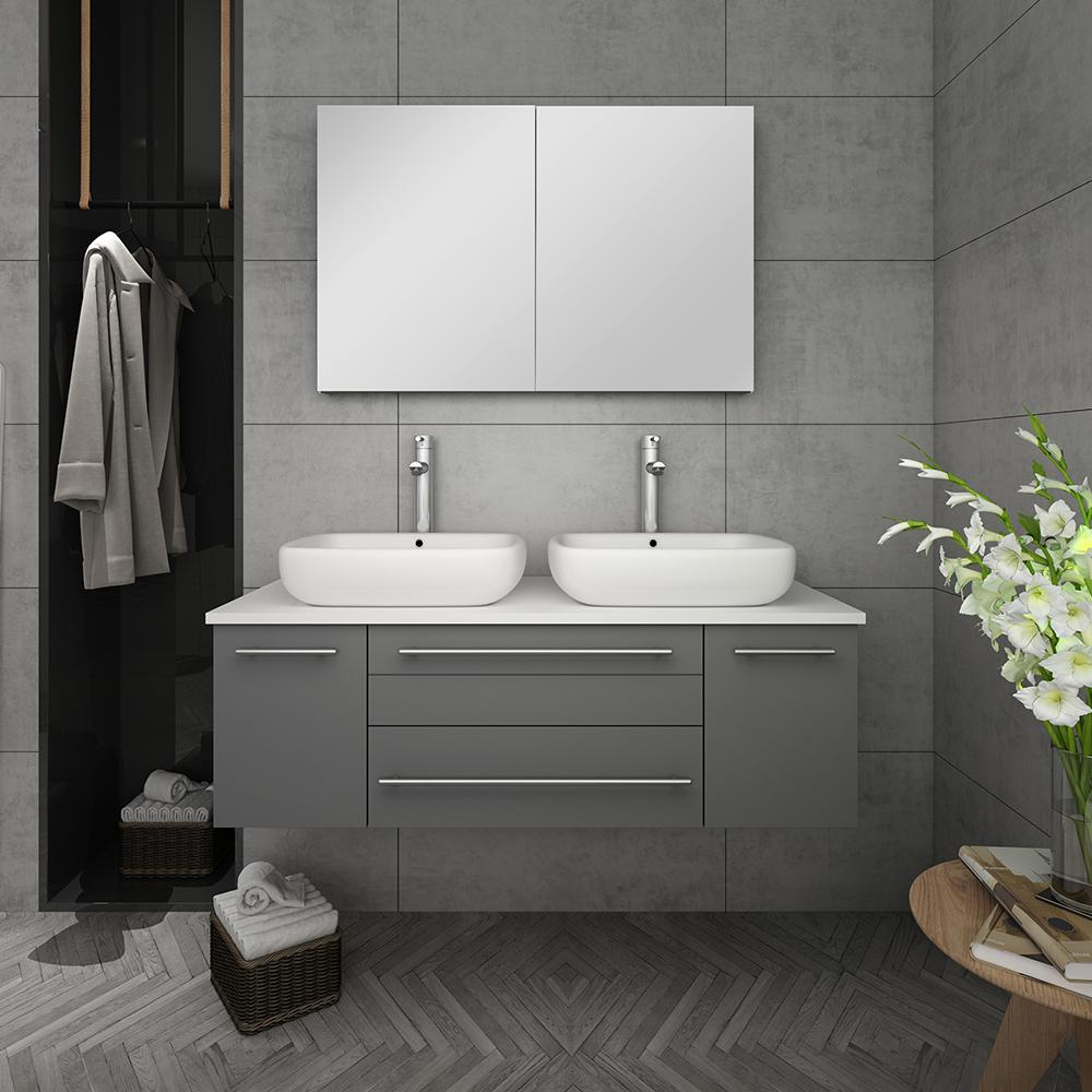 Fresca Lucera 48" Wall Hung Double Vessel Sink Modern Bathroom Vanity w/ Medicine Cabinet Vanity Fresca 