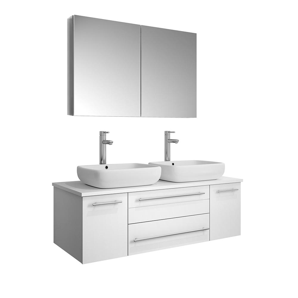 Fresca Lucera 48" Wall Hung Double Vessel Sink Modern Bathroom Vanity w/ Medicine Cabinet Vanity Fresca White 