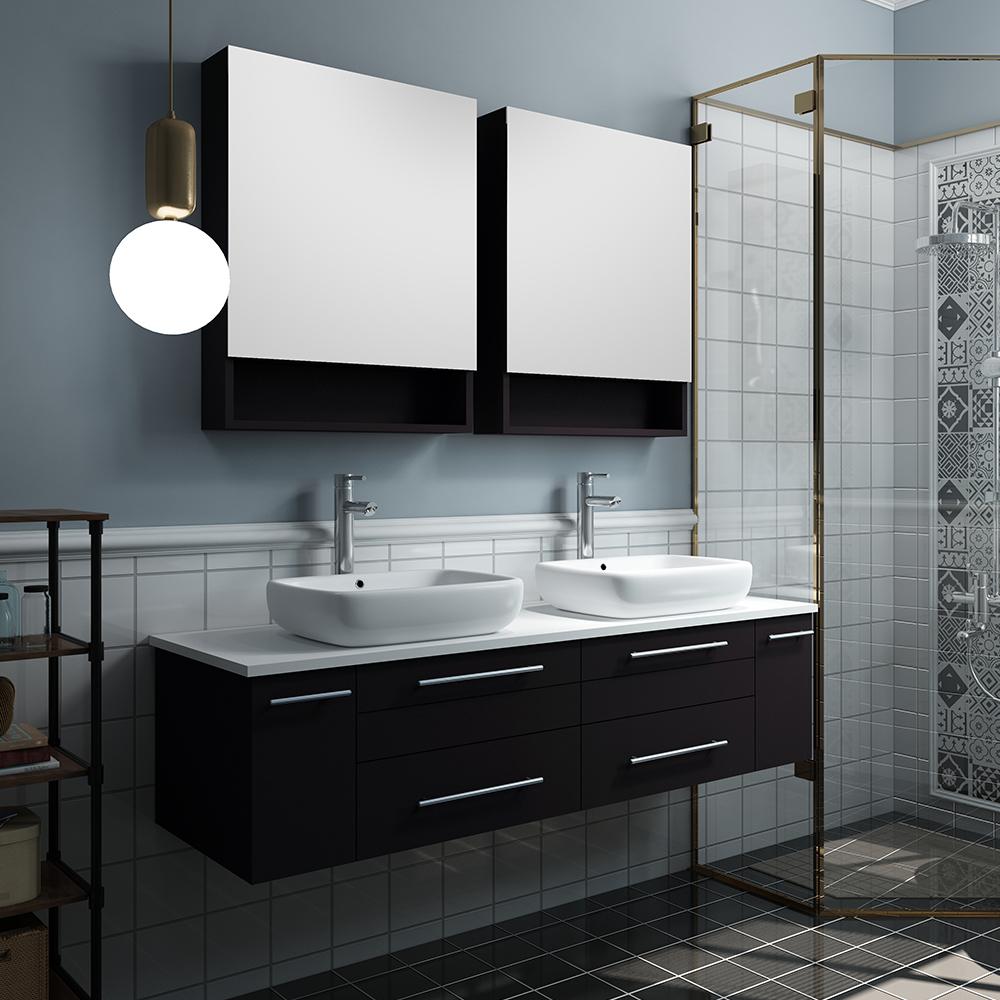 Fresca Lucera 60" Wall Hung Double Vessel Sink Modern Bathroom Vanity w/ Medicine Cabinets Vanity Fresca 