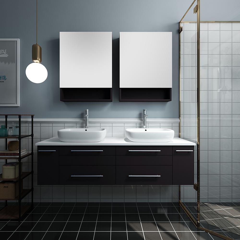 Fresca Lucera 60" Wall Hung Double Vessel Sink Modern Bathroom Vanity w/ Medicine Cabinets Vanity Fresca 