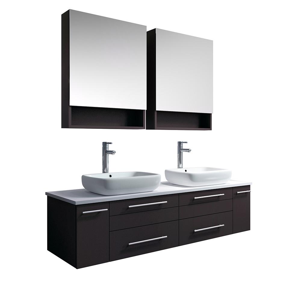 Fresca Lucera 60" Wall Hung Double Vessel Sink Modern Bathroom Vanity w/ Medicine Cabinets Vanity Fresca Espresso 