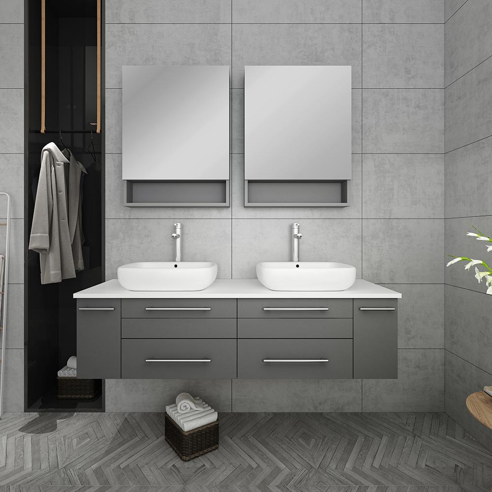 Fresca Lucera 60" Wall Hung Double Vessel Sink Modern Bathroom Vanity w/ Medicine Cabinets Vanity Fresca 