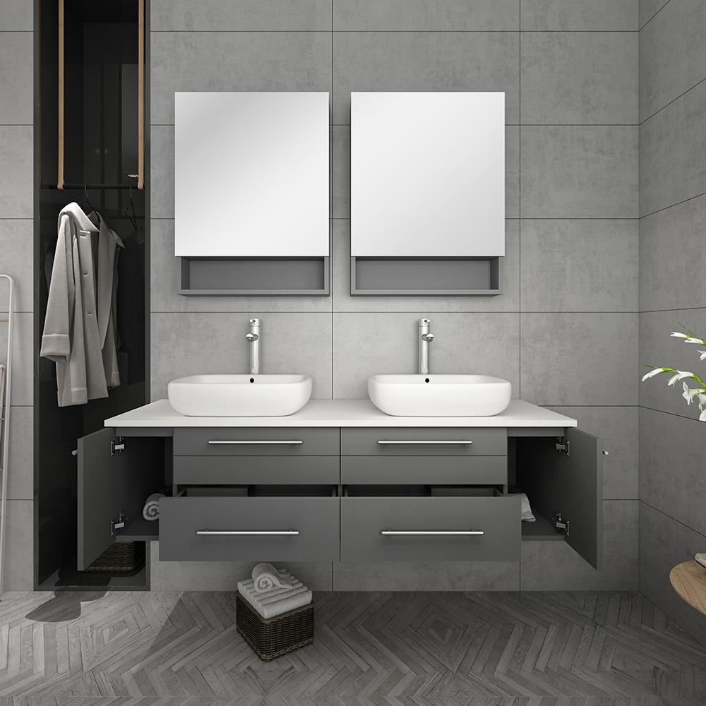 Fresca Lucera 60" Wall Hung Double Vessel Sink Modern Bathroom Vanity w/ Medicine Cabinets Vanity Fresca 