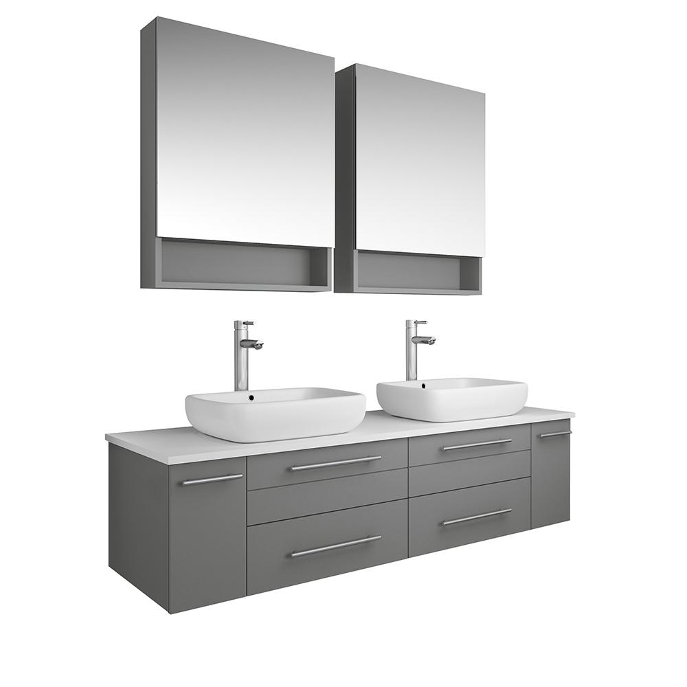 Fresca Lucera 60" Wall Hung Double Vessel Sink Modern Bathroom Vanity w/ Medicine Cabinets Vanity Fresca Gray 