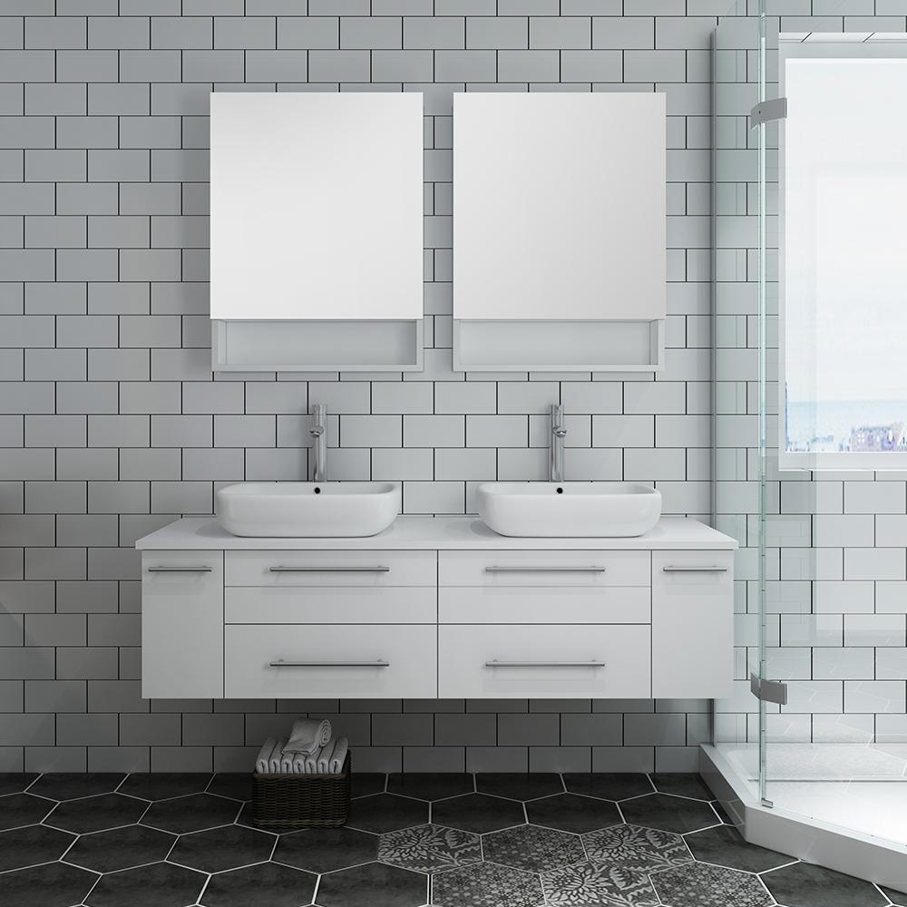 Fresca Lucera 60" Wall Hung Double Vessel Sink Modern Bathroom Vanity w/ Medicine Cabinets Vanity Fresca 