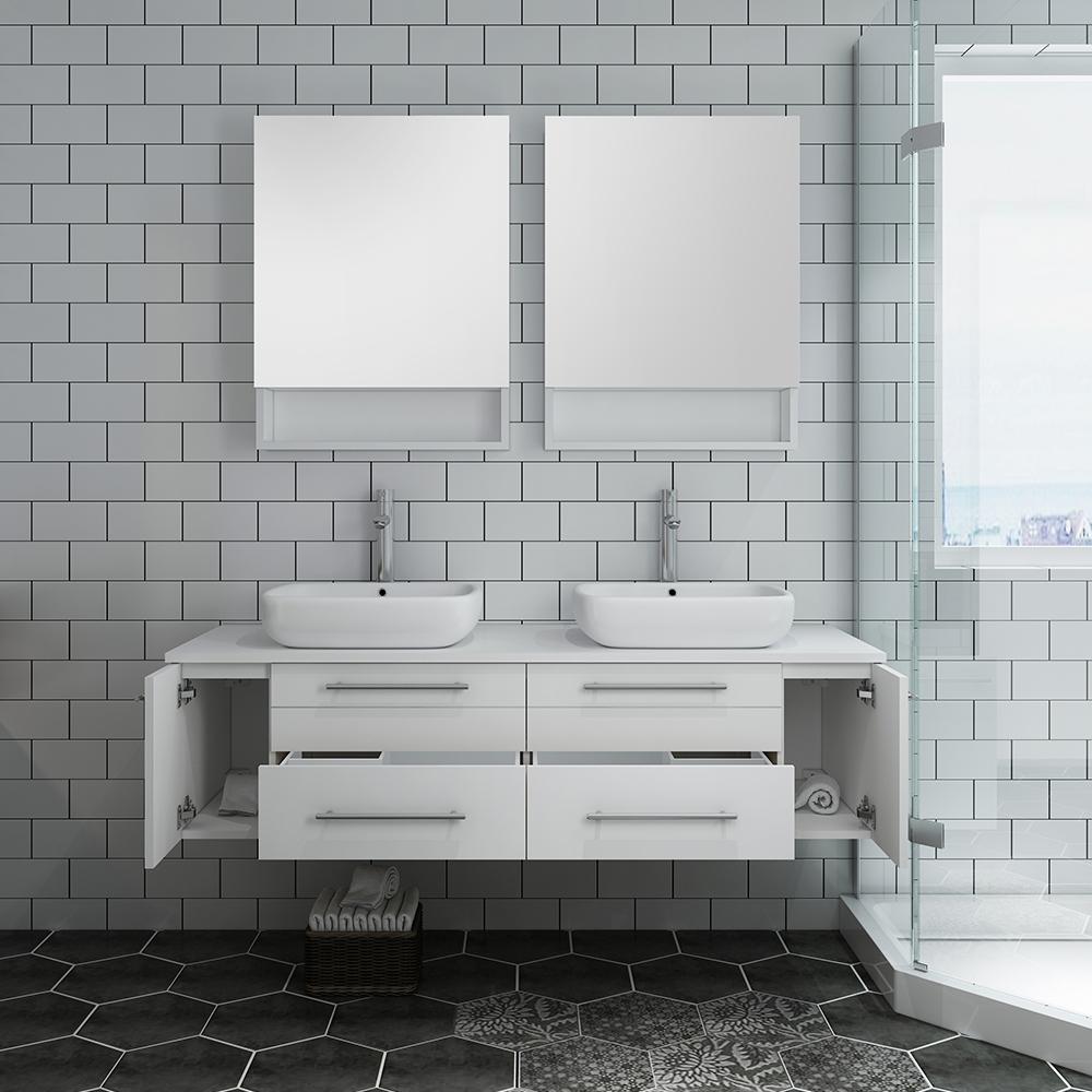 Fresca Lucera 60" Wall Hung Double Vessel Sink Modern Bathroom Vanity w/ Medicine Cabinets Vanity Fresca 