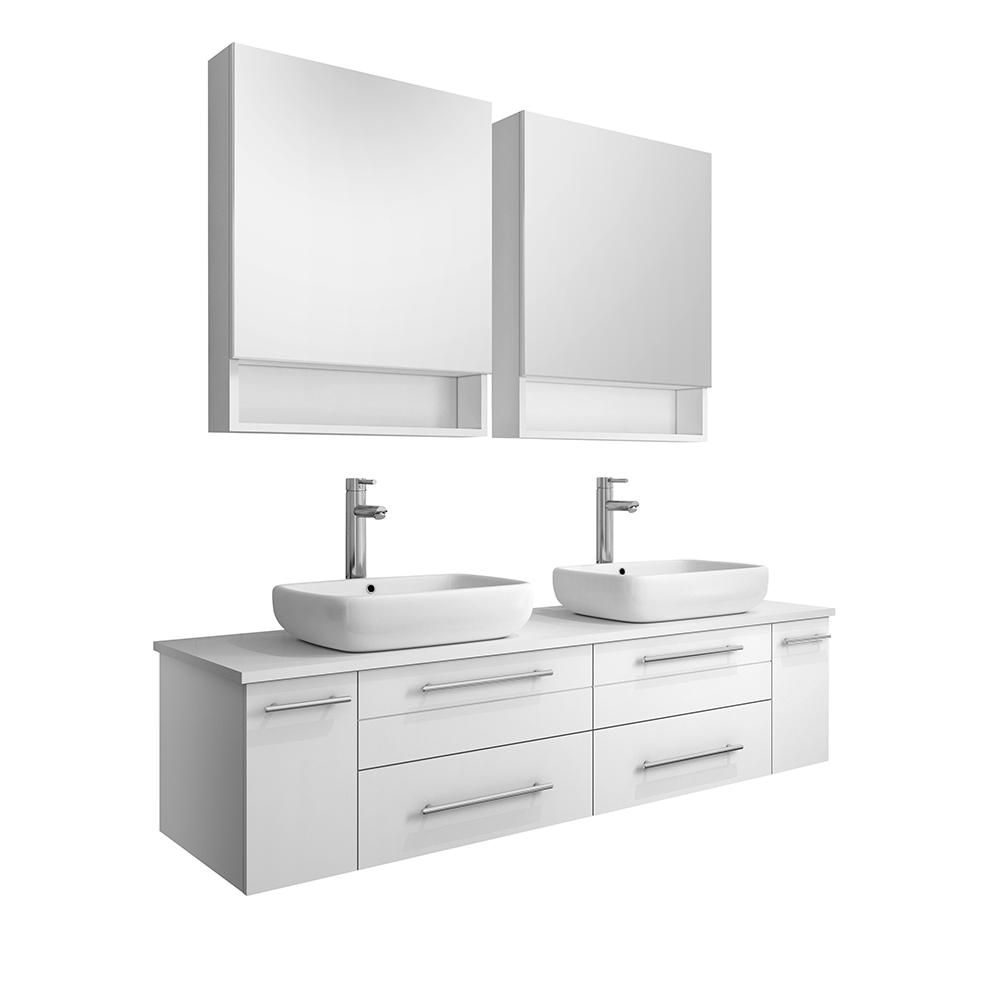 Fresca Lucera 60" Wall Hung Double Vessel Sink Modern Bathroom Vanity w/ Medicine Cabinets Vanity Fresca White 