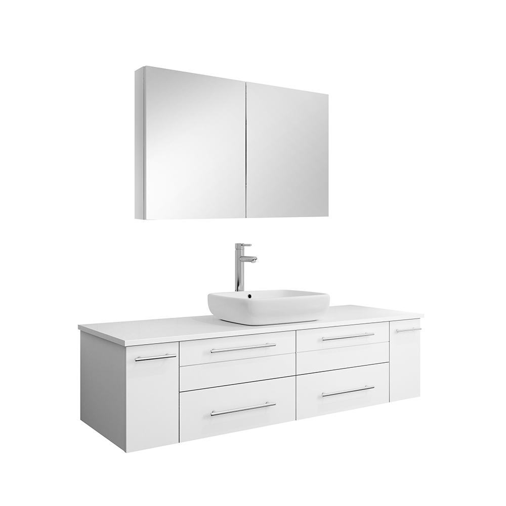 Fresca Lucera 60" Wall Hung Single Vessel Sink Modern Bathroom Vanity w/ Medicine Cabinet Vanity Fresca White 
