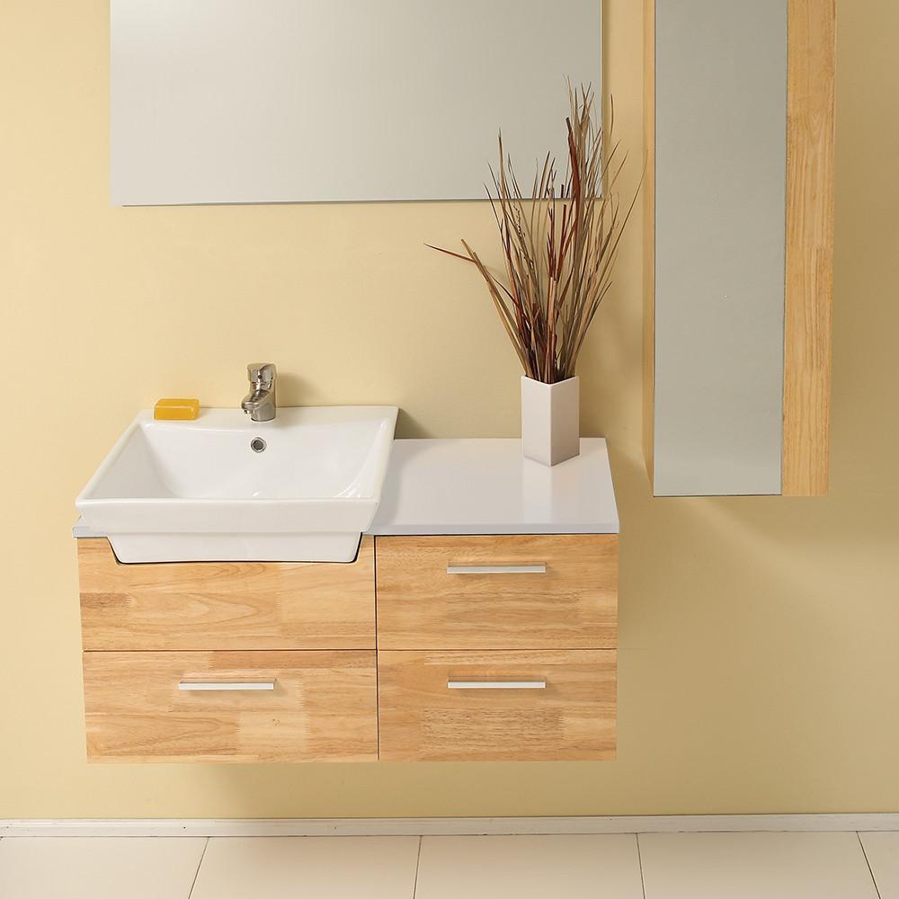 Fresca Caro Natural Wood Modern Bathroom Vanity w/ Mirrored Side Cabinet Vanity Fresca 