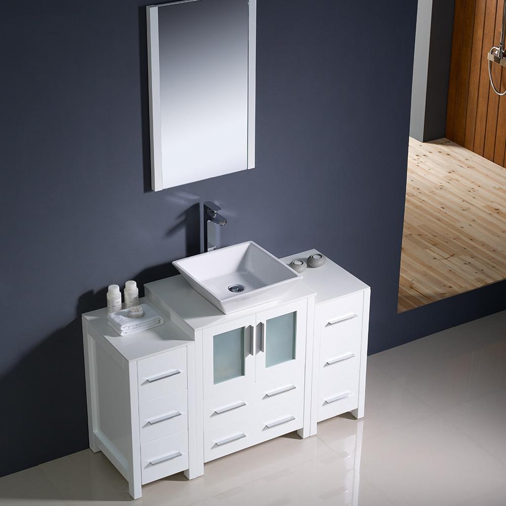 Fresca Torino 48" White Modern Bathroom Vanity w/ 2 Side Cabinets & Vessel Sink Vanity Fresca 