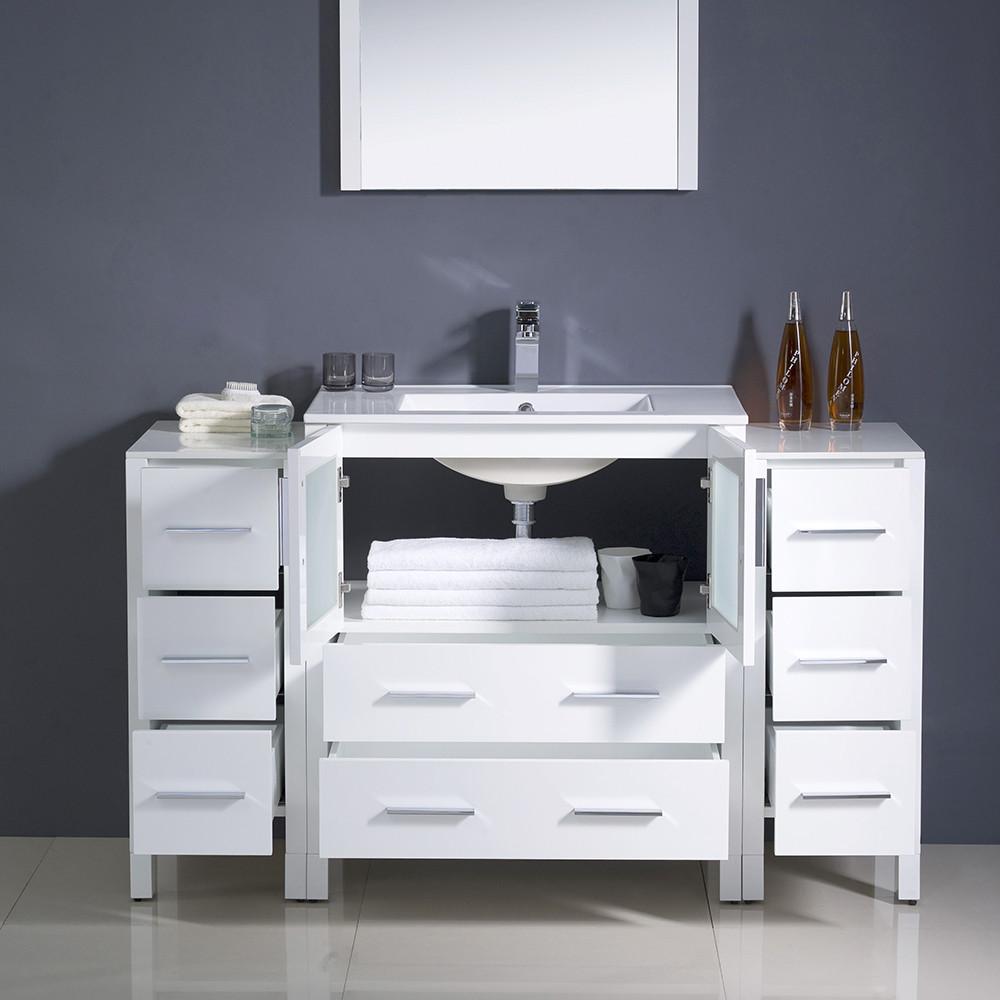 Fresca Torino 54" White Modern Vanity w/ 2 Side Cabinets & Integrated Sink Vanity Fresca 