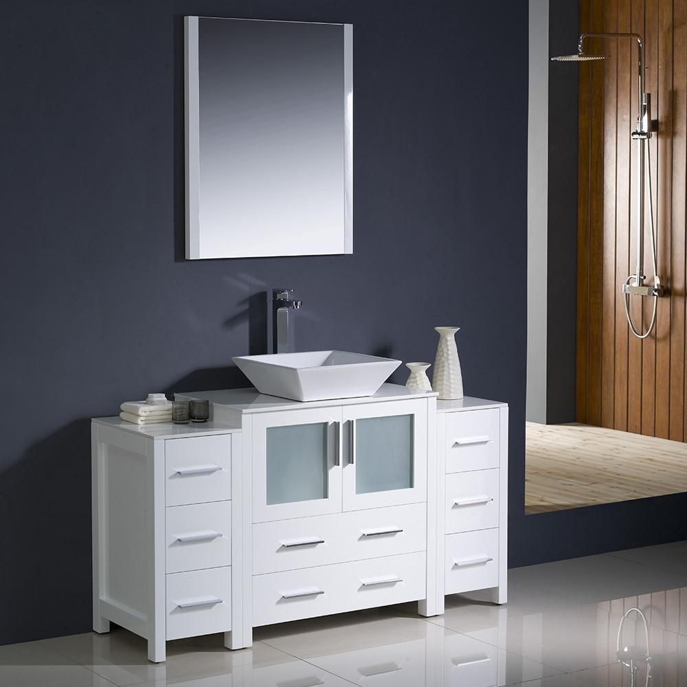 Fresca Torino 54" Modern Bathroom Vanity w/ 2 Side Cabinets & Vessel Sink White Vanity Fresca 