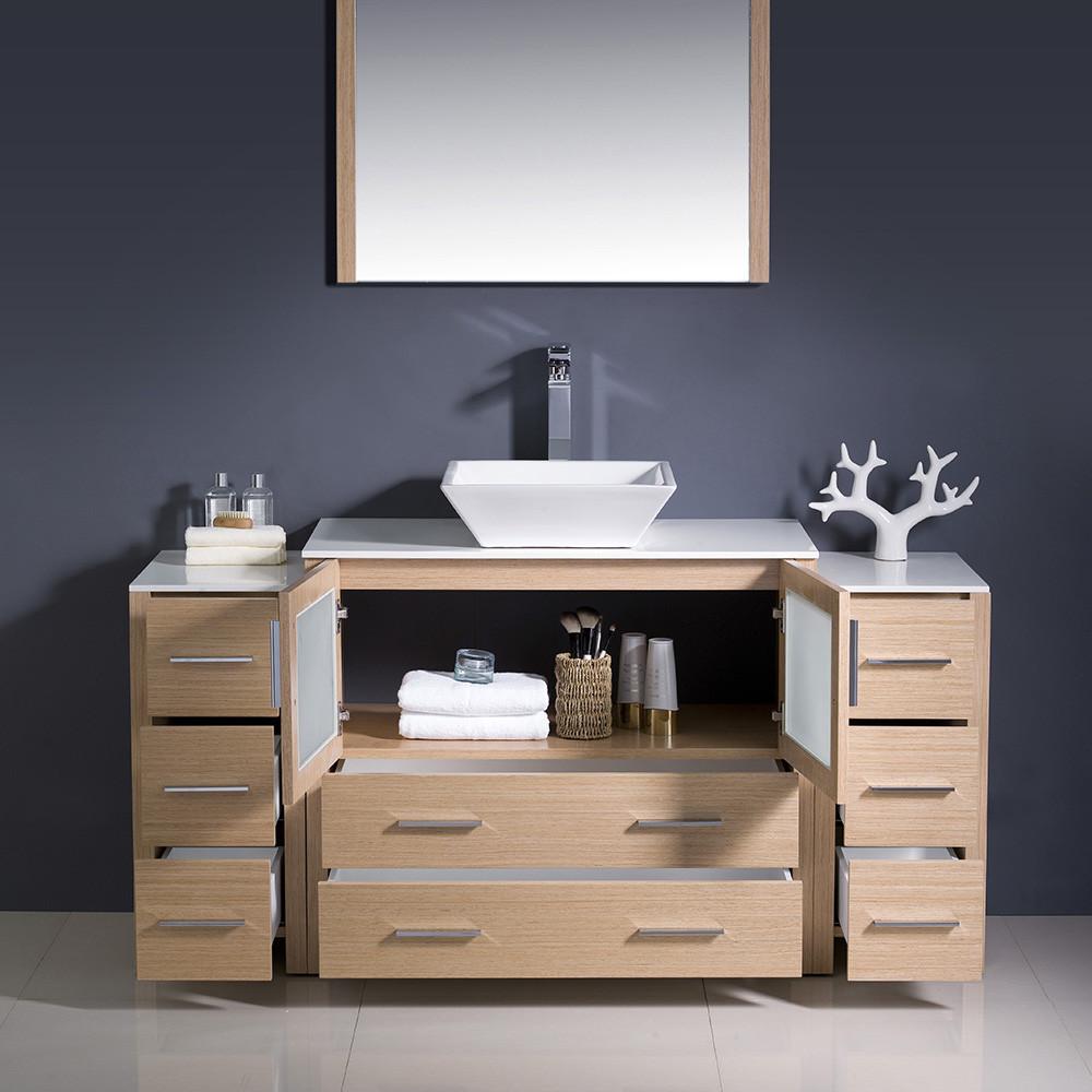 Fresca Torino 60" Light Oak Modern Vanity w/ 2 Side Cabinets & Vessel Sink Vanity Fresca 