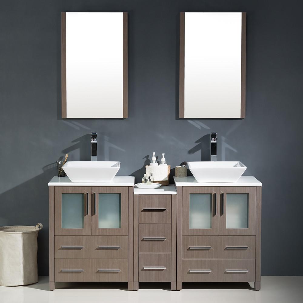 Fresca Torino 60" Gray Oak Modern Double Sink Vanity w/ Side Cabinet & Vessel Sinks Vanity Fresca 