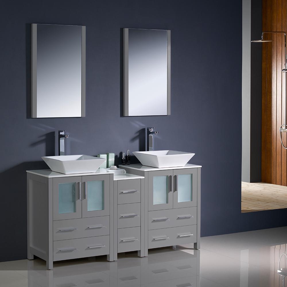 Fresca Torino 60" Gray Modern Double Sink Bathroom Vanity w/ Side Cabinet & Vessel Sinks Vanity Fresca 