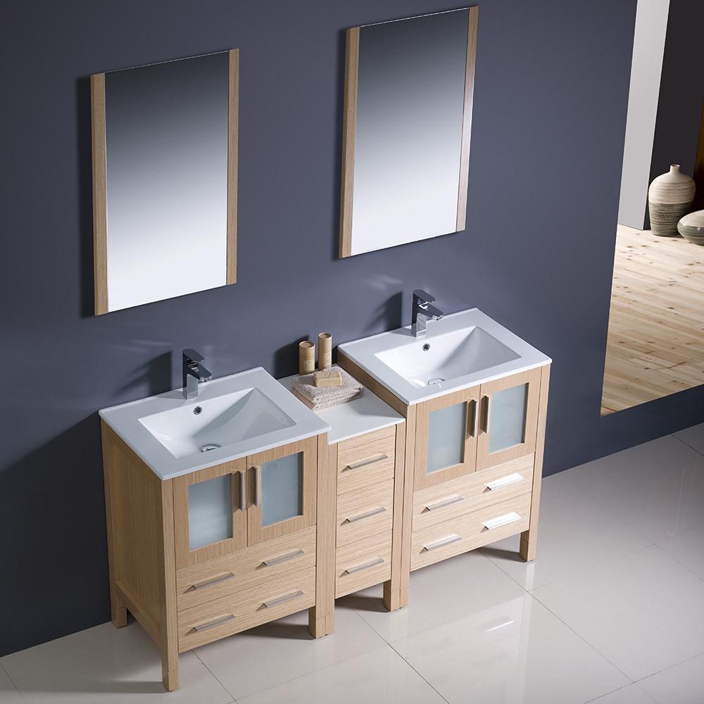Fresca Torino 60" Light Oak Modern Double Sink Vanity w/ Side Cabinet & Integrated Sinks Vanity Fresca 