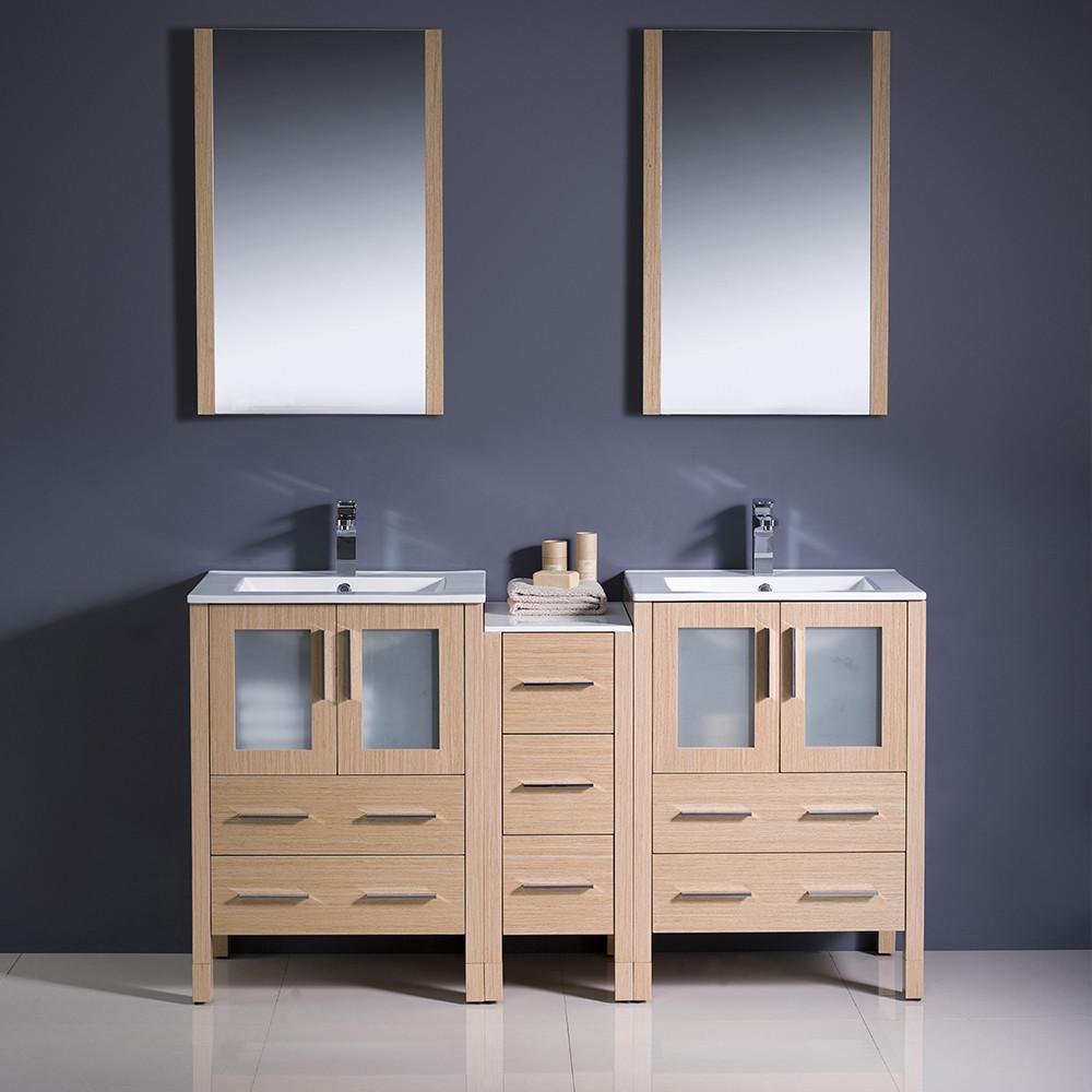 Fresca Torino 60" Light Oak Modern Double Sink Vanity w/ Side Cabinet & Integrated Sinks Vanity Fresca 