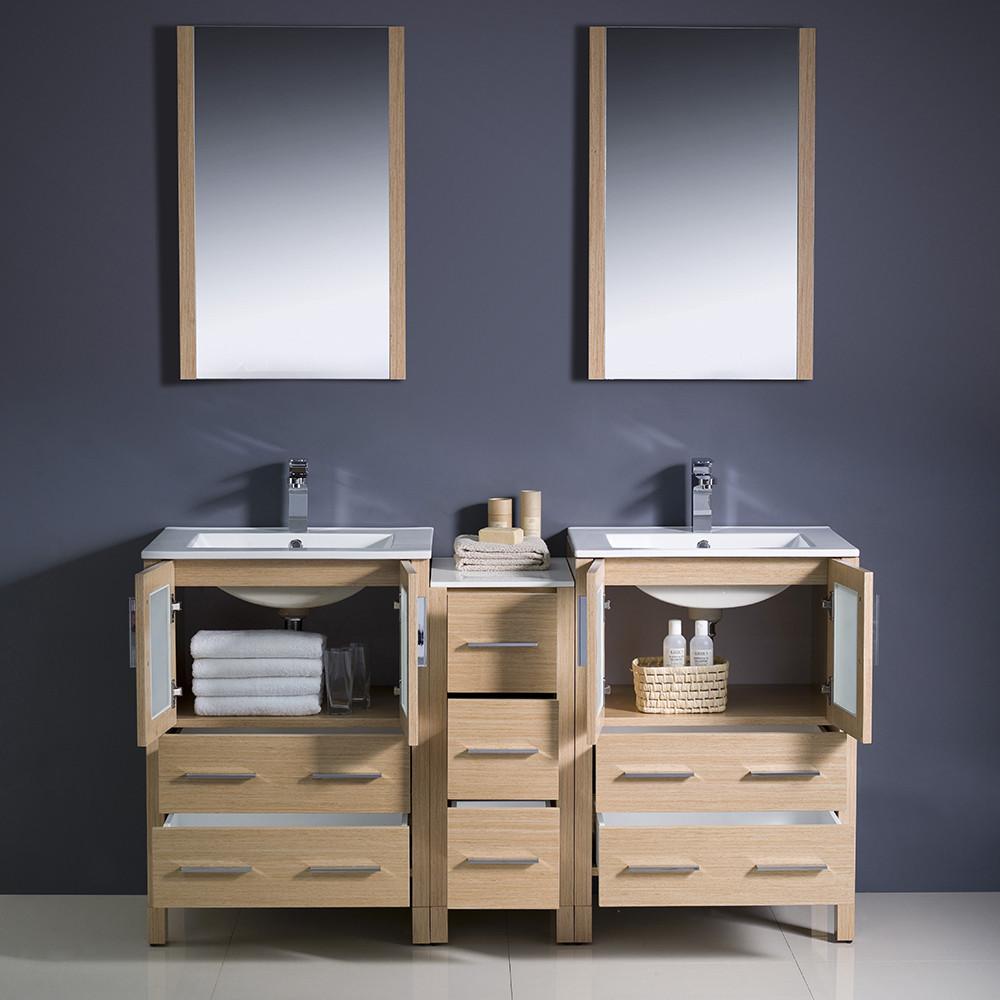 Fresca Torino 60" Light Oak Modern Double Sink Vanity w/ Side Cabinet & Integrated Sinks Vanity Fresca 