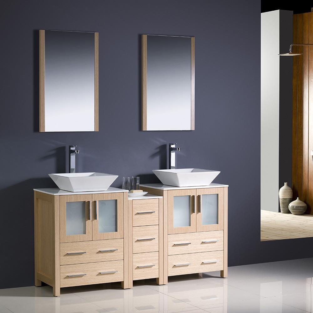 Fresca Torino 60" Light Oak Modern Double Sink Vanity w/ Side Cabinet & Vessel Sinks Vanity Fresca 