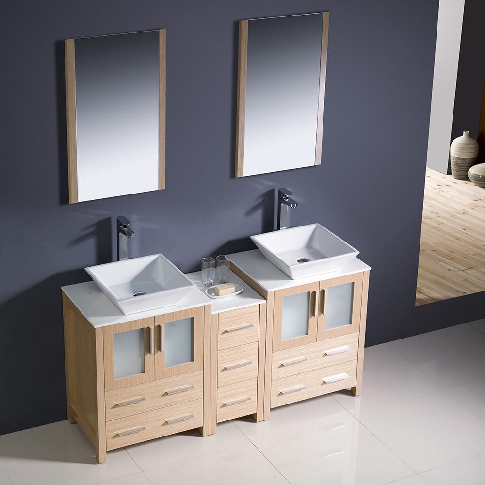 Fresca Torino 60" Light Oak Modern Double Sink Vanity w/ Side Cabinet & Vessel Sinks Vanity Fresca 
