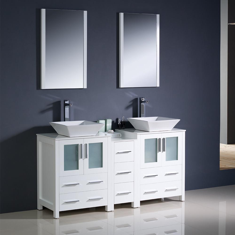Fresca Torino 60" White Modern Double Sink Vanity w/ Side Cabinet & Vessel Sinks Vanity Fresca 