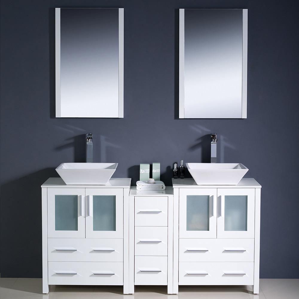Fresca Torino 60" White Modern Double Sink Vanity w/ Side Cabinet & Vessel Sinks Vanity Fresca 