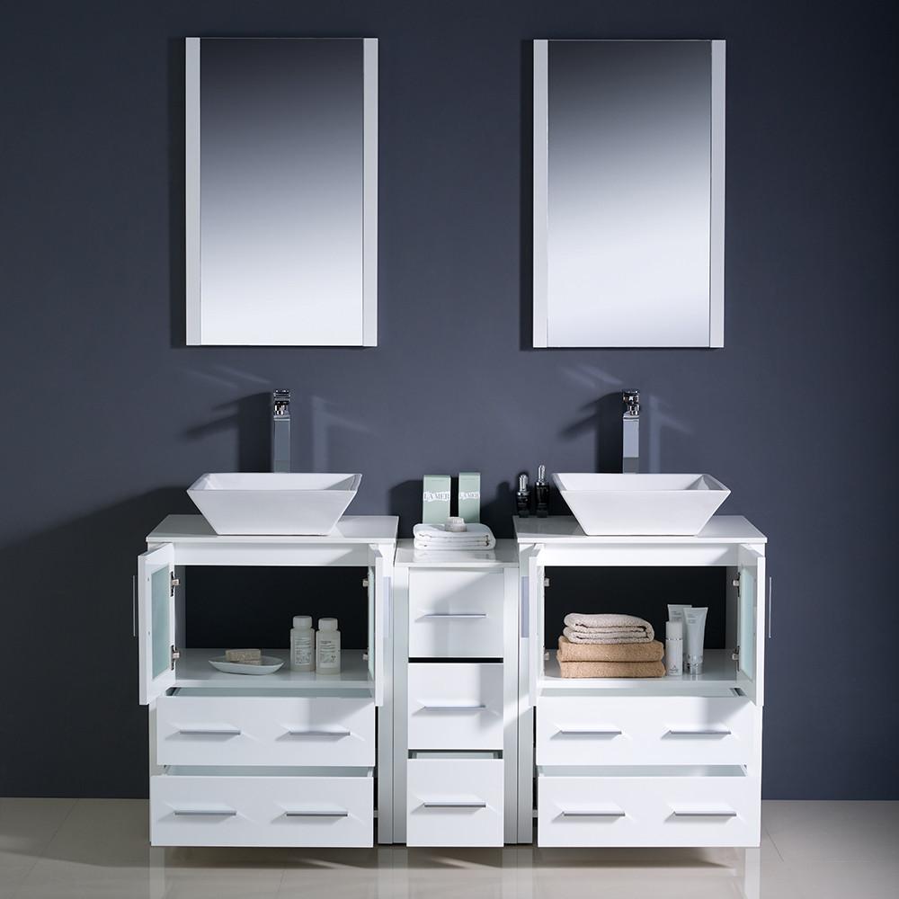 Fresca Torino 60" White Modern Double Sink Vanity w/ Side Cabinet & Vessel Sinks Vanity Fresca 