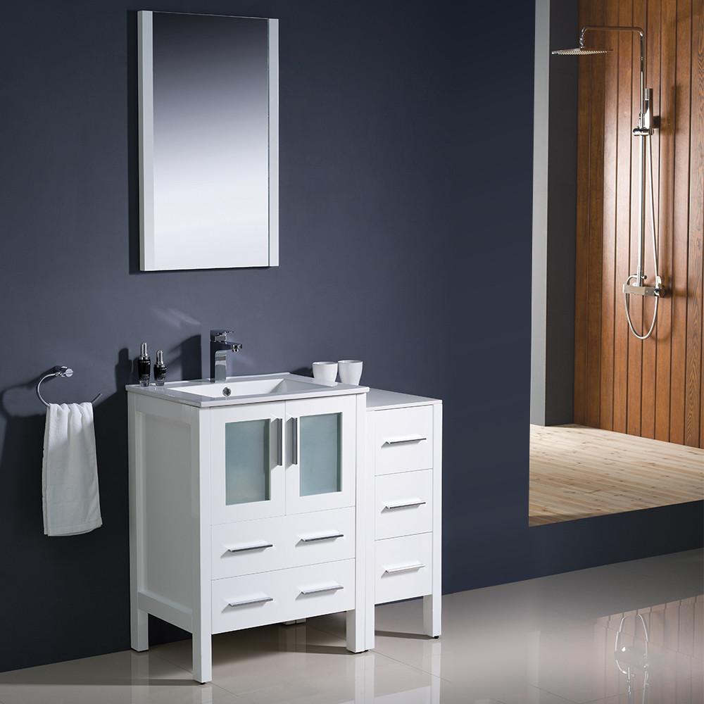 Torino 36" White Modern Bathroom Vanity w/ Side Cabinet & Free Faucet Vanity Fresca 