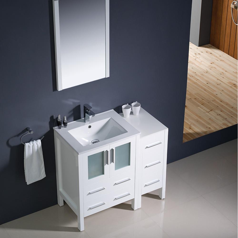 Torino 36" White Modern Bathroom Vanity w/ Side Cabinet & Free Faucet Vanity Fresca 