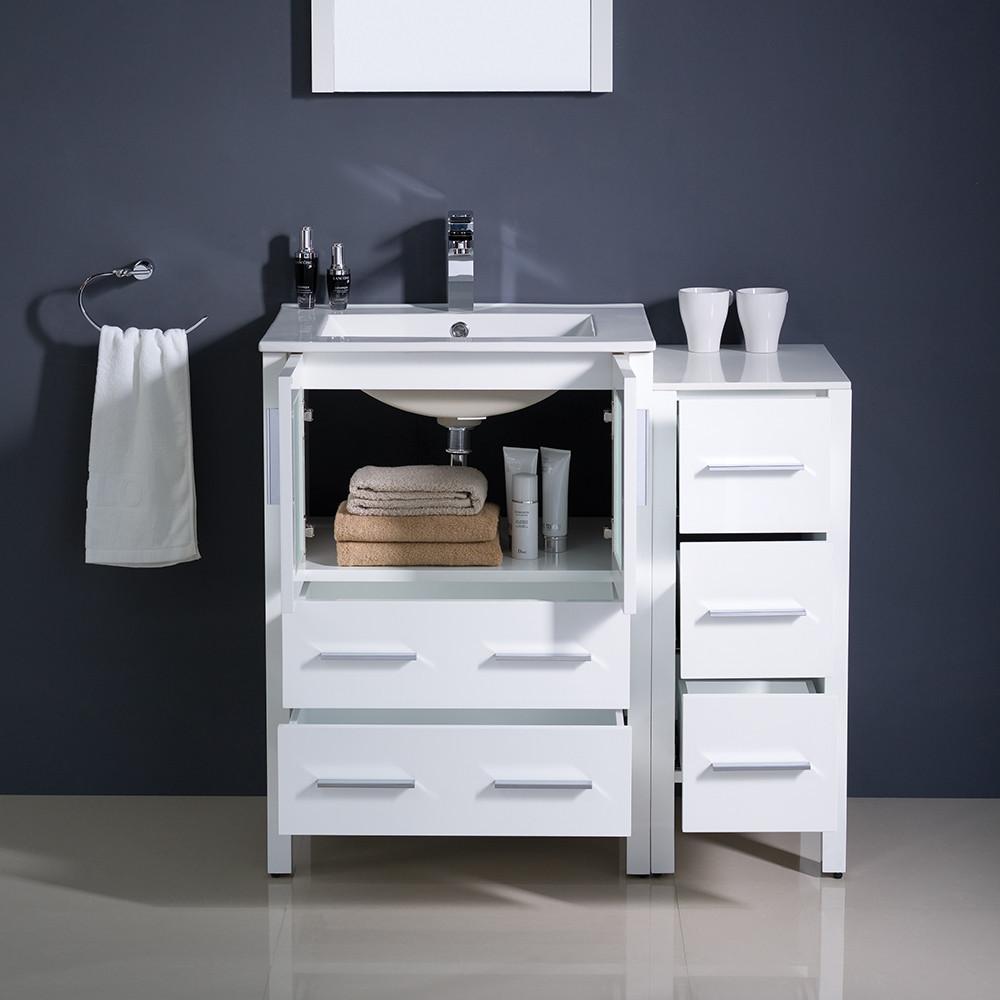 Torino 36" White Modern Bathroom Vanity w/ Side Cabinet & Free Faucet Vanity Fresca 