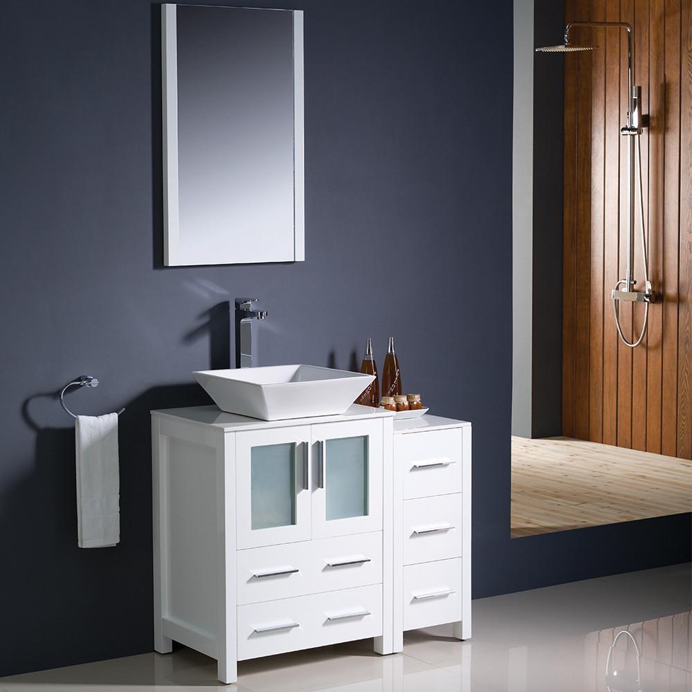 Torino 36" White Modern Vanity w/ Side Cabinet & Vessel Sink Free Faucet Vanity Fresca 