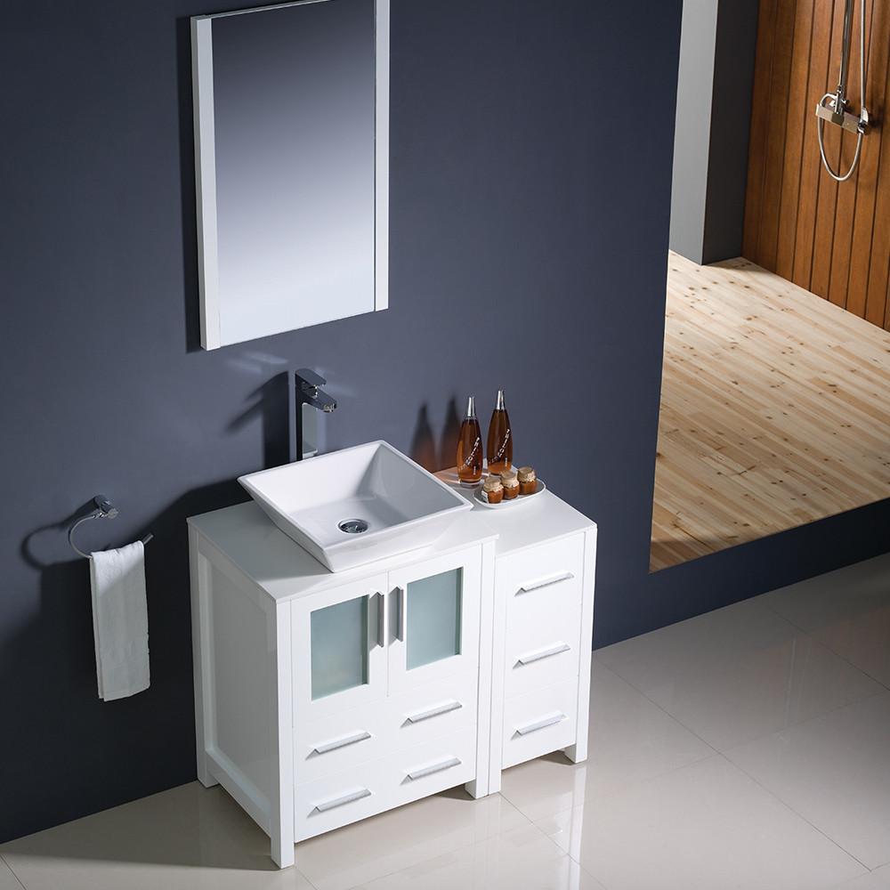 Torino 36" White Modern Vanity w/ Side Cabinet & Vessel Sink Free Faucet Vanity Fresca 